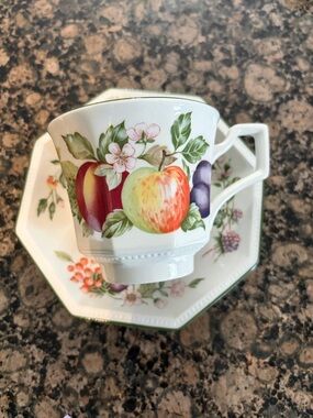 Johnson Brothers Fruit-Pattern Porcelain Teacup & Saucer in Red, Green, Purple
